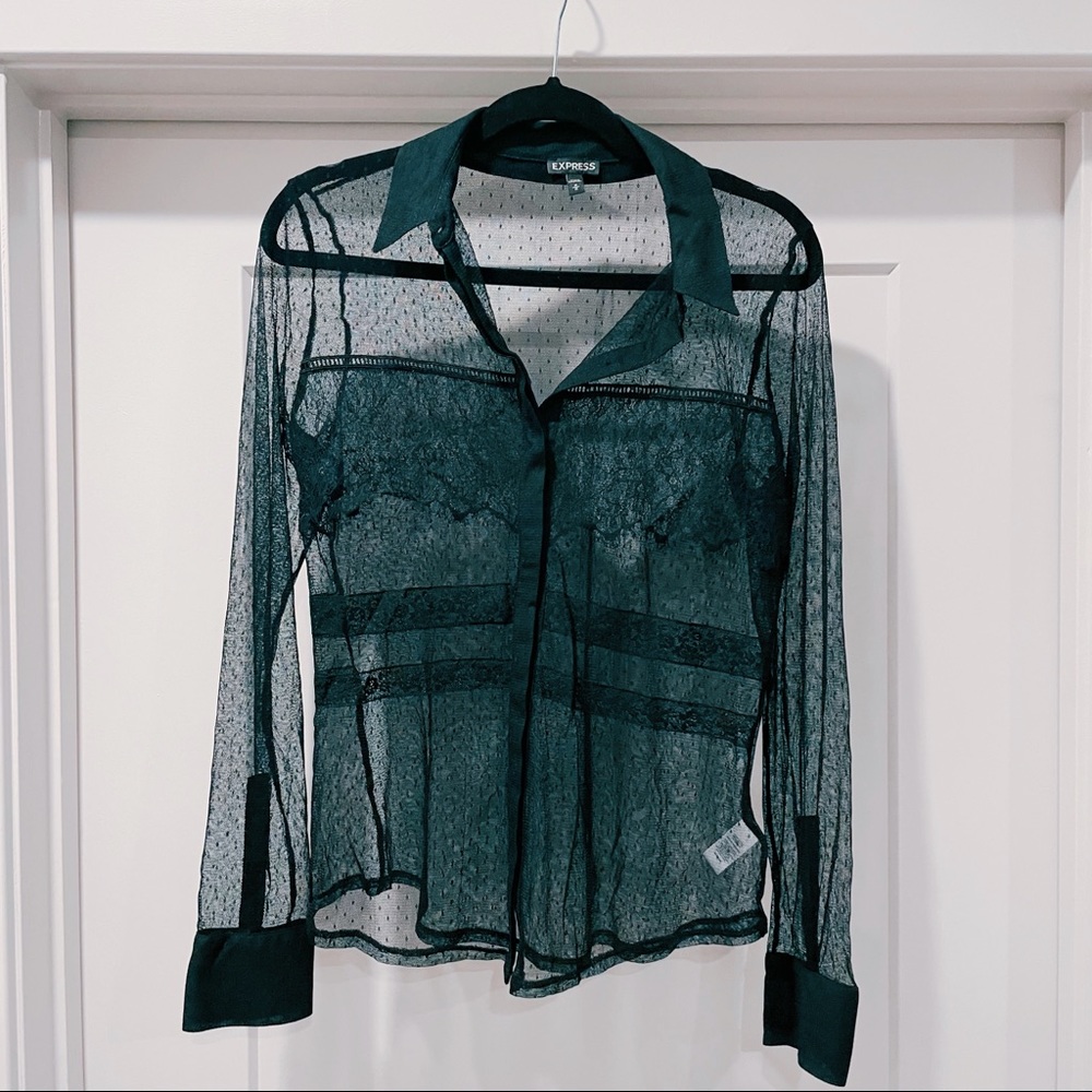 Express sheer lace button-down long-sleeve top